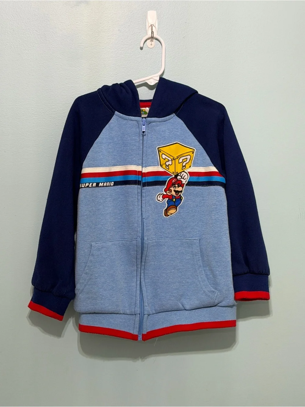 Super Mario Boys Zip Up Hoodie Size 6/7 Blue Nintendo Hooded Sweatshirt Game Cha